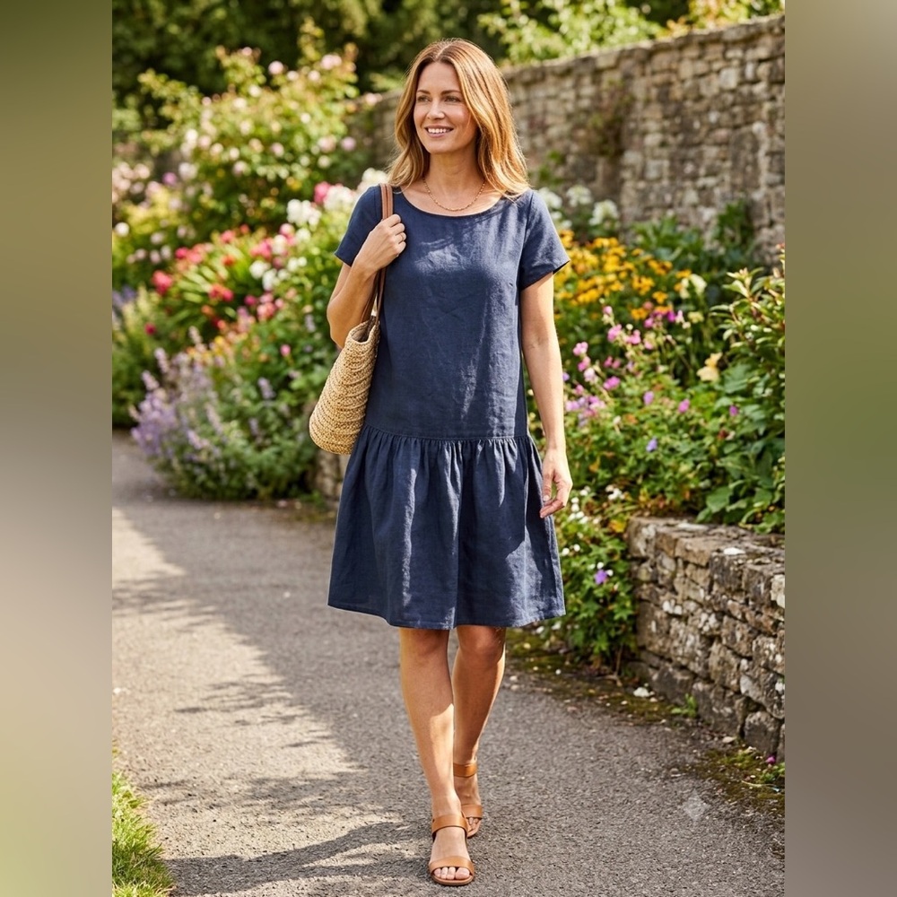Bryn Walker Navy Blue Linen Drop Waist Gathered Skirt Knee Length Dress Size XS